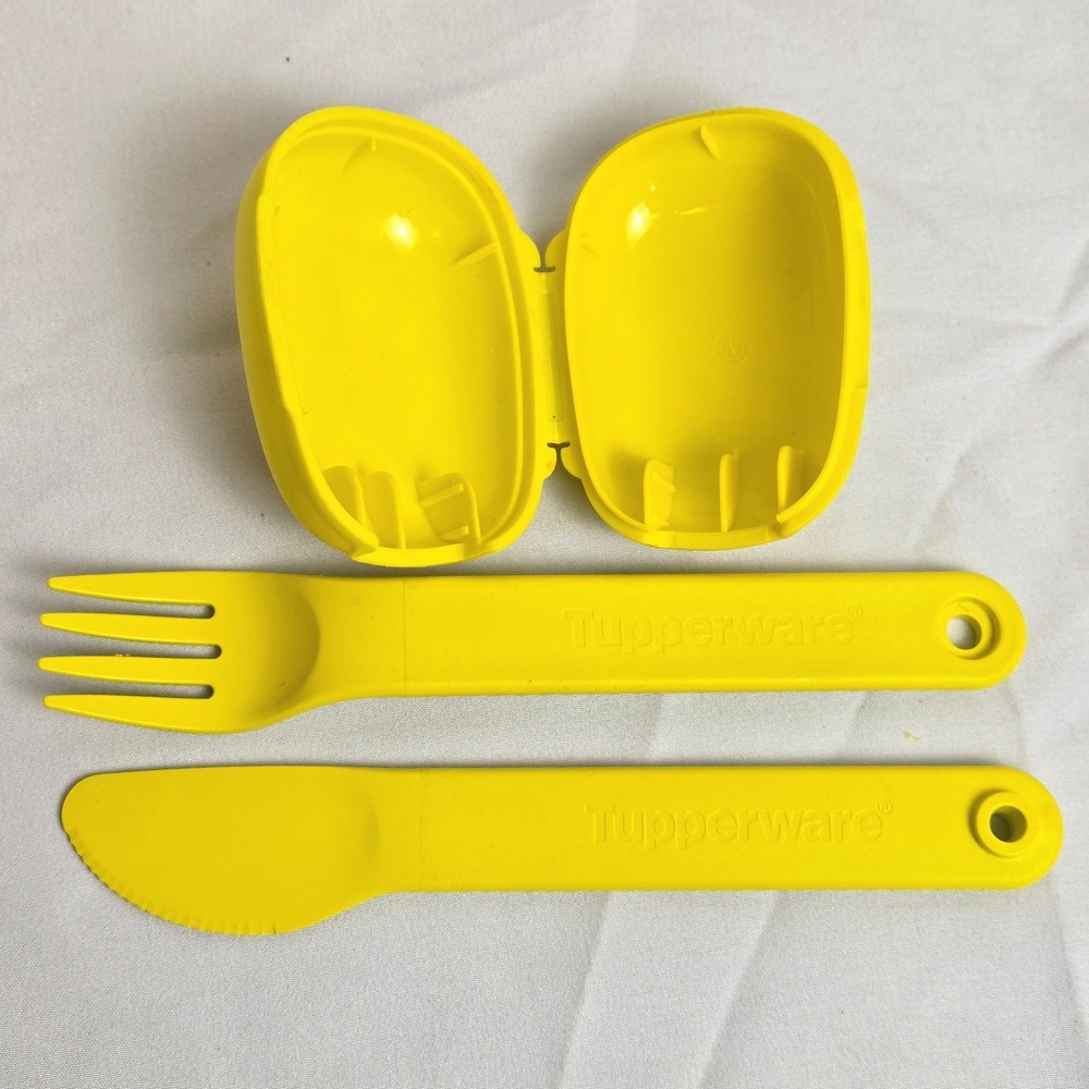 Tupperware On The Go Cutlery Set Plastic Fork Knife Carrying Case Yellow 7323A-3